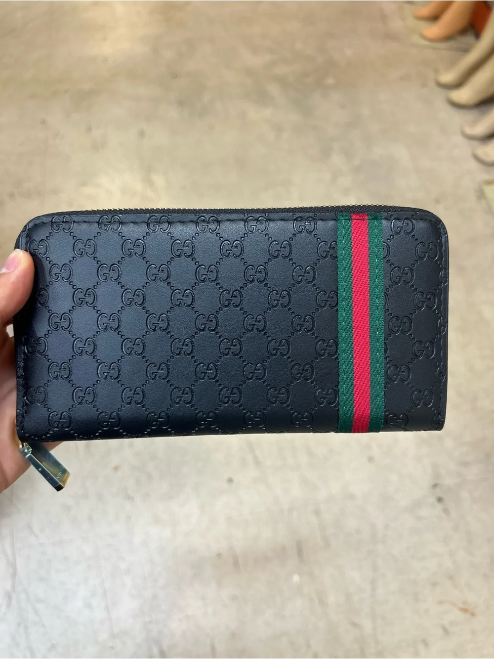 Gucci Black Embossed GG Zip Wallet with Green-Red Web Stripe
